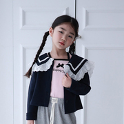 女童学院风蕾丝翻领，针织开衫韩国南大门，童装2024春款外套425