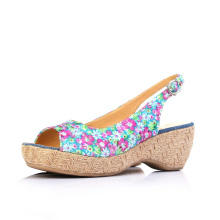 现价99元【卡芙琳正品】新款女鞋印花布料鱼嘴坡跟凉鞋CL82-1