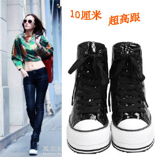  春秋季高跟休闲松糕漆皮鞋 内增高厚底高帮鞋运动鞋 女鞋潮明星款