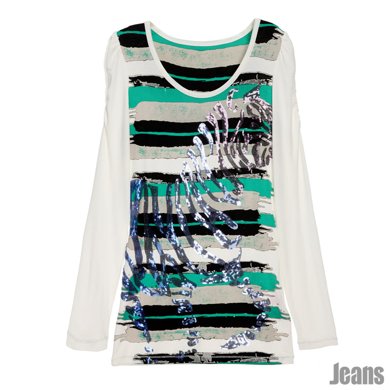 2012 正品太平鸟女装 <span class=H>JEANS</span> 春季新款泡泡袖T恤AM1210676