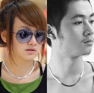  925纯银镀白金情侣项链 男 刀片扁蛇骨链女银链子 短款颈链锁骨链