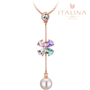  伊泰莲娜正品饰品 碧灵粉卉女珍珠花朵金色吊坠水晶项链 合金镀金