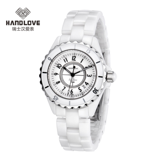  品牌特卖 瑞士汉爱黑白陶瓷情侣对表时尚女士表防水复古手表包邮