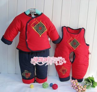  婴儿棉衣背带棉衣纯棉套装宝宝棉袄新生棉衣三件套装满月新年装