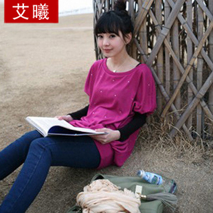 艾曦2012春装新款女装韩版大码蝙蝠袖打底衫烫钻宽松长款长袖T恤