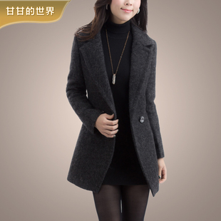  甘甘毛呢小西装女中长款春装外套女韩版修身一粒扣女士西服8052