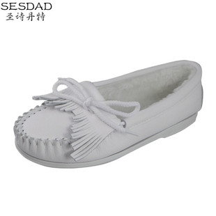  圣诗丹特 秋冬女鞋真皮流苏小白鞋平跟单鞋 加棉护士鞋9933