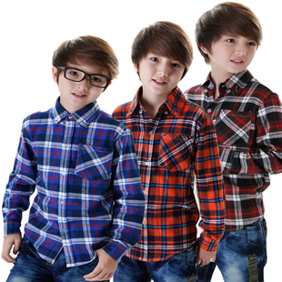  左宝右贝男童衬衫长袖纯棉儿童韩版秋冬磨毛厚格子衬衫中大童春秋