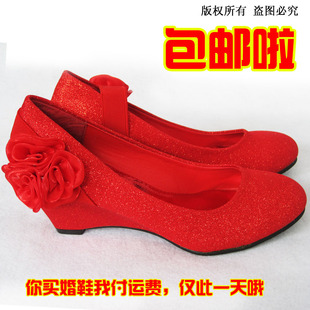  包邮红色婚鞋 花朵新娘鞋 结婚鞋子坡跟红鞋 礼服鞋 婚礼用鞋大码