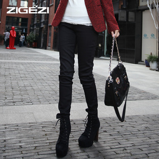  zigezi 紫格子冬装新品韩版显瘦休闲长裤加绒加厚小脚铅笔裤P5008