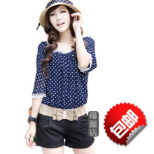 2011夏装新品女装 韩版大方领中袖五分袖蕾丝波点圆点雪纺衫上衣