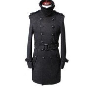 韩国男装2023冬款肩章腰带，装饰双排扣翻领大衣男士上衣外套