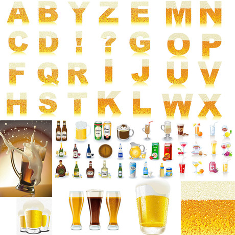 啤酒花泡沫英文字母啤酒瓶果汁甜品饮料酒杯矢