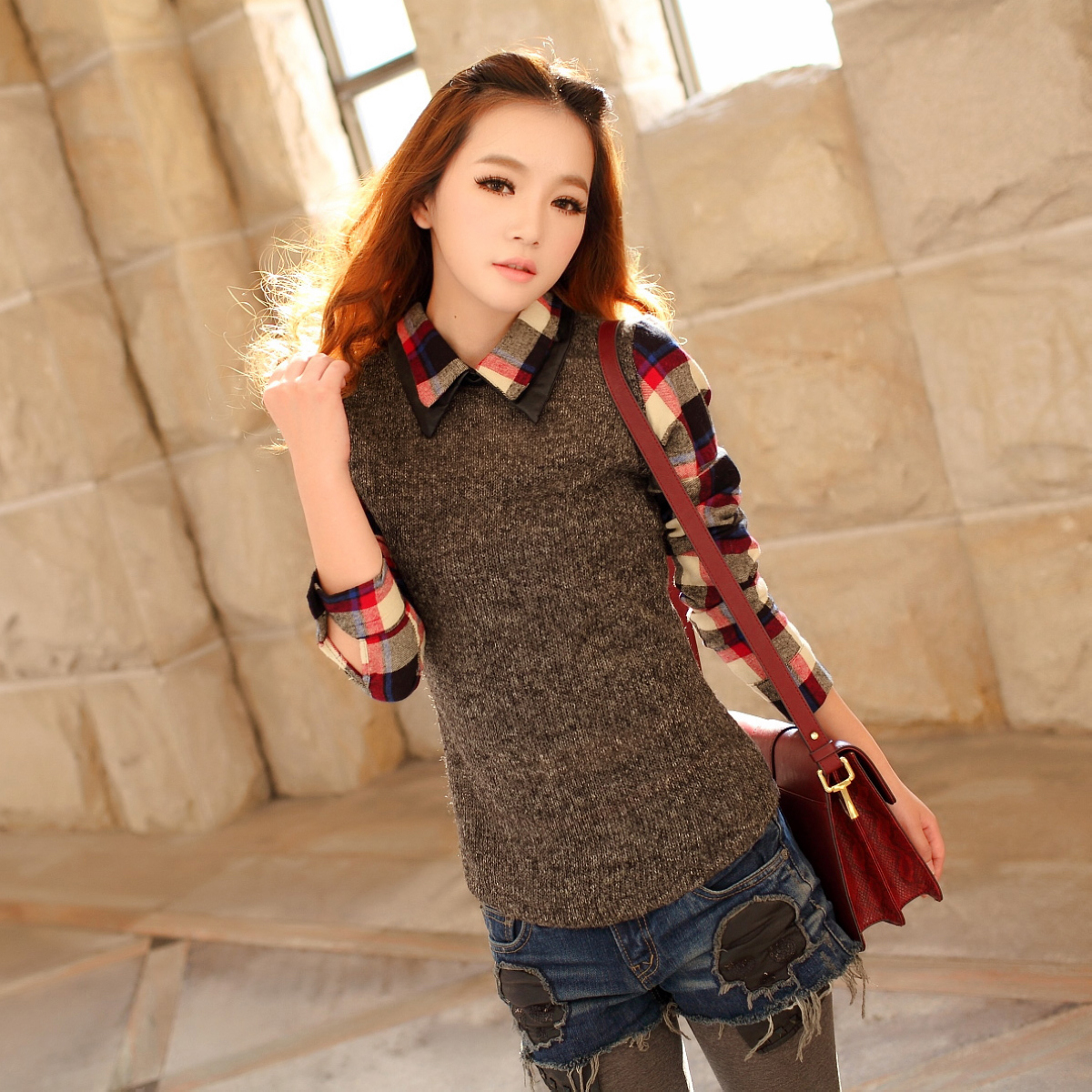 英伦毛衣假两件修身...