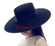 羊毛礼帽舞台时装帽欧美高贵气质黑红色法式平顶12cm帽檐羊毛呢帽