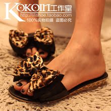2012夏季韩版新款豹纹大蝴蝶结拼色一字沙滩凉拖鞋平跟鱼嘴女鞋子