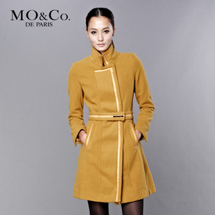 MO&amp;Co. 摩安珂 M104OVC02修身型中长款纯色毛呢外套 羊毛呢大衣