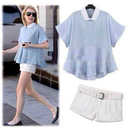 时尚下午茶欧美明星街拍款<em>宽松上衣</em>+白色<em>短裤</em>