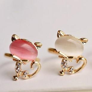  韩国饰品可爱猫眼石月光石戒指超萌小猫咪戒指招财猫带钻戒指环女