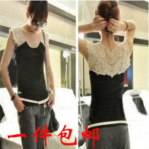  包邮韩版夏季潮流女装蕾丝短袖弹力紧身拼接无袖T恤打底衫背心