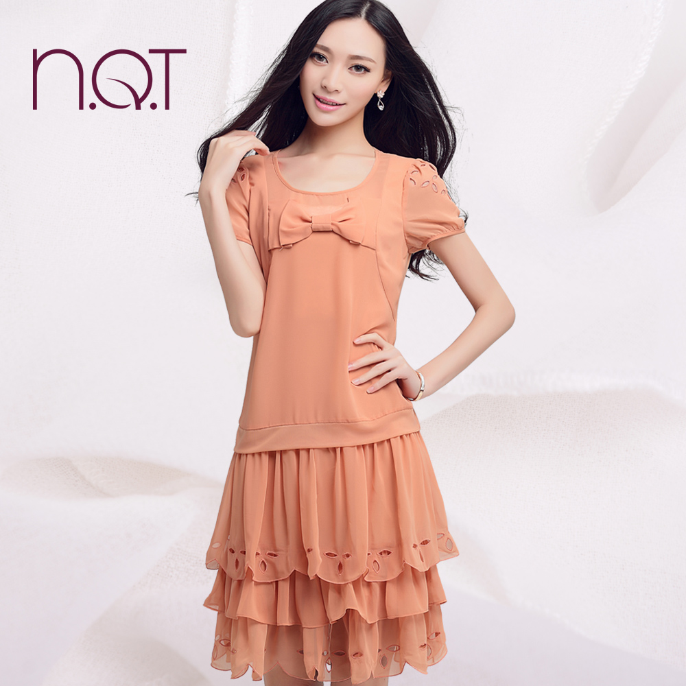 NQT 2014夏季新款纯色两件套中短款连衣裙 欧美蝴蝶结短袖蛋糕裙