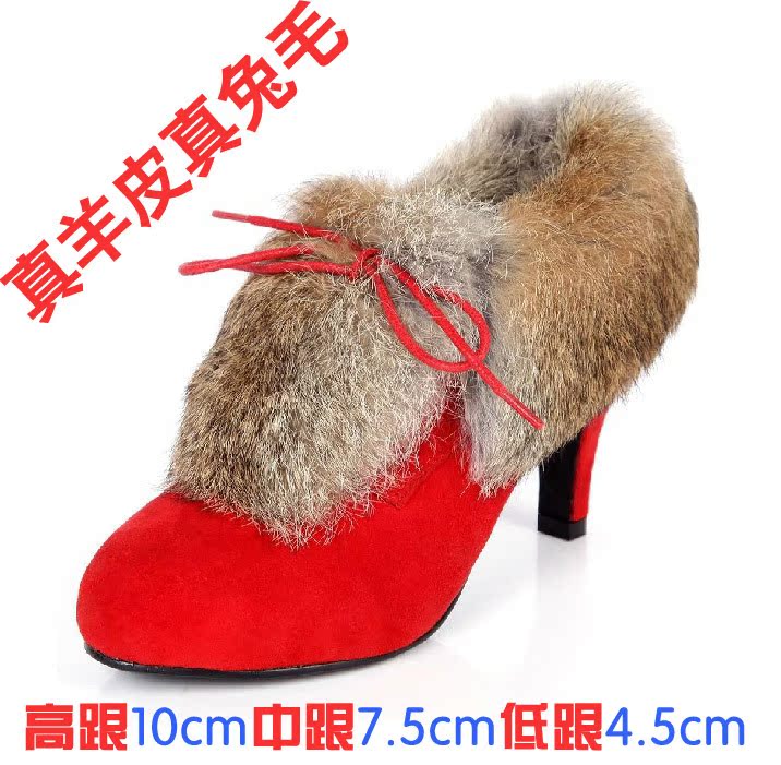 新款女鞋冬季婚鞋红色兔毛短靴中跟系带真皮女式靴子低跟新娘鞋靴