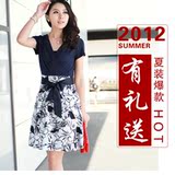 歌莉娅版2012 长裙正品夏装 时尚纯棉素雅印花V领短袖连衣裙子
