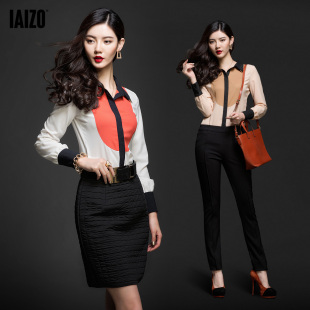  【预售】IAIZO 秋冬新款女装 厚雪纺长袖中性修身翻领女衬衫