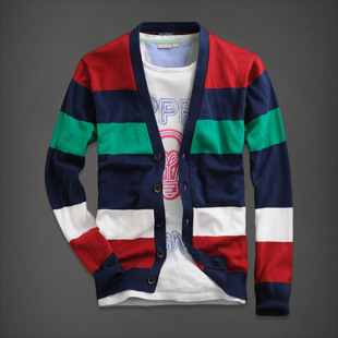  包邮新品春秋装撞色条纹针织衫男士时尚韩版修身开衫V领线衫毛衣