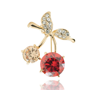  张太太韩国饰品 水晶钻樱桃小胸针 精品胸花 金属别针配饰X048