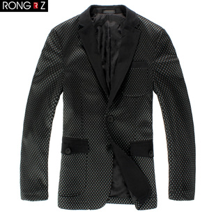  品牌特卖RONGZ冬款撞色针织提花修身西服男绒领拼接西装外套86806