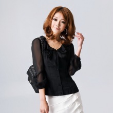 2011夏装新款奈奈爱霓女款V领蝴蝶结修身长袖雪纺衫 2676@