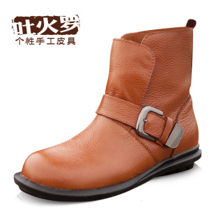  Tokharoi 头层牛皮 女短靴子 真皮女靴 骑士靴 百搭款 皮带扣装饰