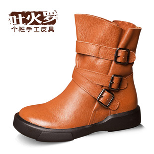  TOKharoi秋冬新款 头层牛皮 个性 皮带扣装饰 舒适百搭女式短靴