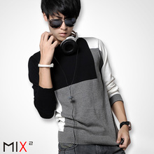 MIX2010秋装圆领男士套头图案撞色潮新款男装薄长袖毛衣 L03M02B1