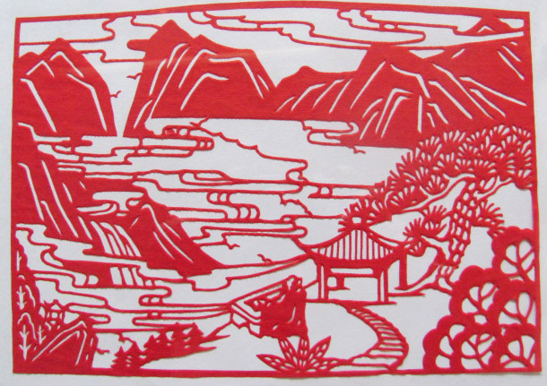剪纸窗花剪纸画春节手工剪纸蔚县喜庆吉祥剪纸作品风景竹裏馆诗意