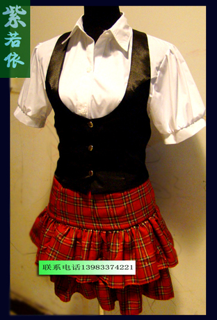 红格子蛋糕裙舞蹈服装白衬衣配马甲三件套裙现