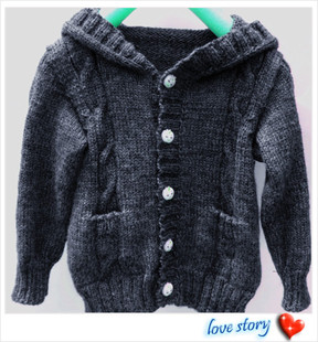 纯手工编织儿童带帽带口袋毛衣 加厚款\/宝宝舒