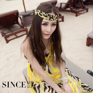  从那以后 韩国雪纺黄色豹纹吊带v领波西米亚长沙滩裙连衣裙长裙