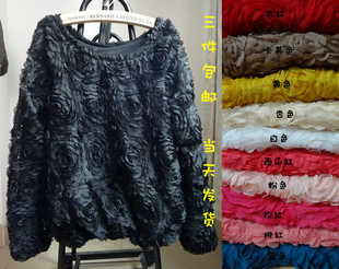  实拍asuka蕾丝3D立体玫瑰花朵宽松套头衫 立体玫瑰花雪纺上衣