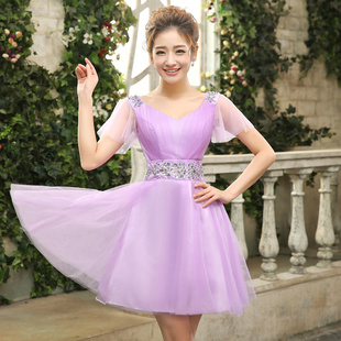 圣妮亚2014新款伴娘服短款 晚礼服蓬蓬裙伴娘团姐妹裙紫色小礼服