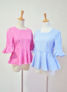 夏季韩版甜美娃娃衫小裙摆，收腰修身格子衬衫女喇叭，泡泡袖上衣