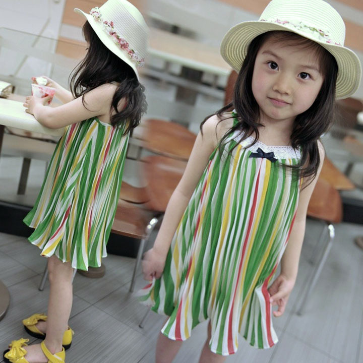 2012夏装<span class=H>童装</span>-韩版女童百褶彩色竖条蕾丝边连衣裙 背心裙