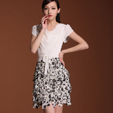 珀图 2012春夏装新款女装时尚雪纺高腰修身显瘦大码短袖连衣裙