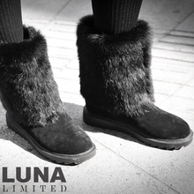 LUNA 超奢华兔毛牛皮中筒 BLACK雪地靴女 XZ00277