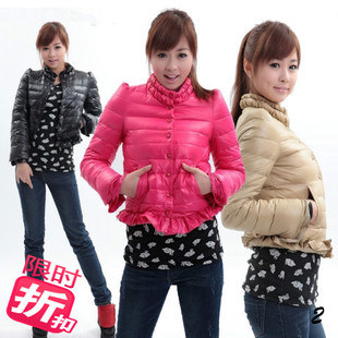 新女秋装荷叶边纯色立领长袖羽绒服外套2114330530