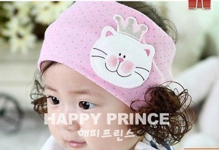 韩国空顶皇冠猫宝宝假发发带头套棉儿童发饰婴儿春秋发套头饰F08