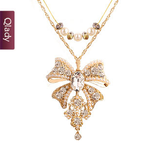  韩国复古时尚长项链多层长款水晶挂件百搭饰品女珍珠蝴蝶结毛衣链