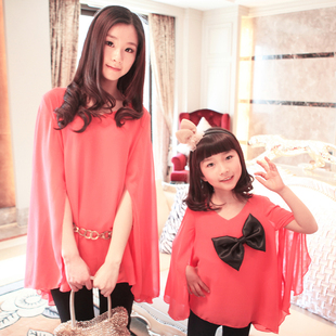  怡贝贝亲子装夏装款 蝙蝠袖长袖珍珠雪纺公主斗篷裙 母女装