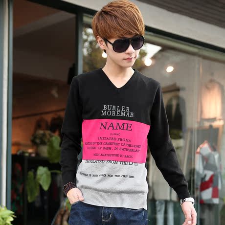 双12狂欢购韩版拼色新款男毛衣中学生套头毛